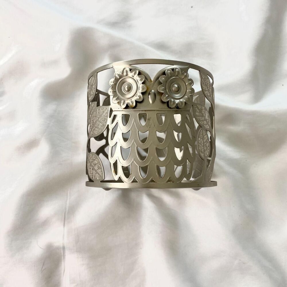 Bath & Body Works metal candle holder sleeve die-cut owl design Silver Glitter